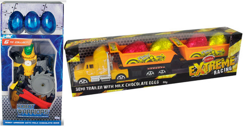 blue-ish robot with three blue eggs; yellow truck with two trailers, carrying red and yellow eggs