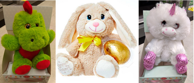 green dinosaur on stand with eggs, pinkish bunny clutching egg, pink and purple unicorn on stand with eggs