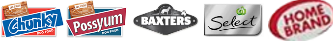 Logos of Superior chunky, Possyum, Baxters, Select and Home Brand