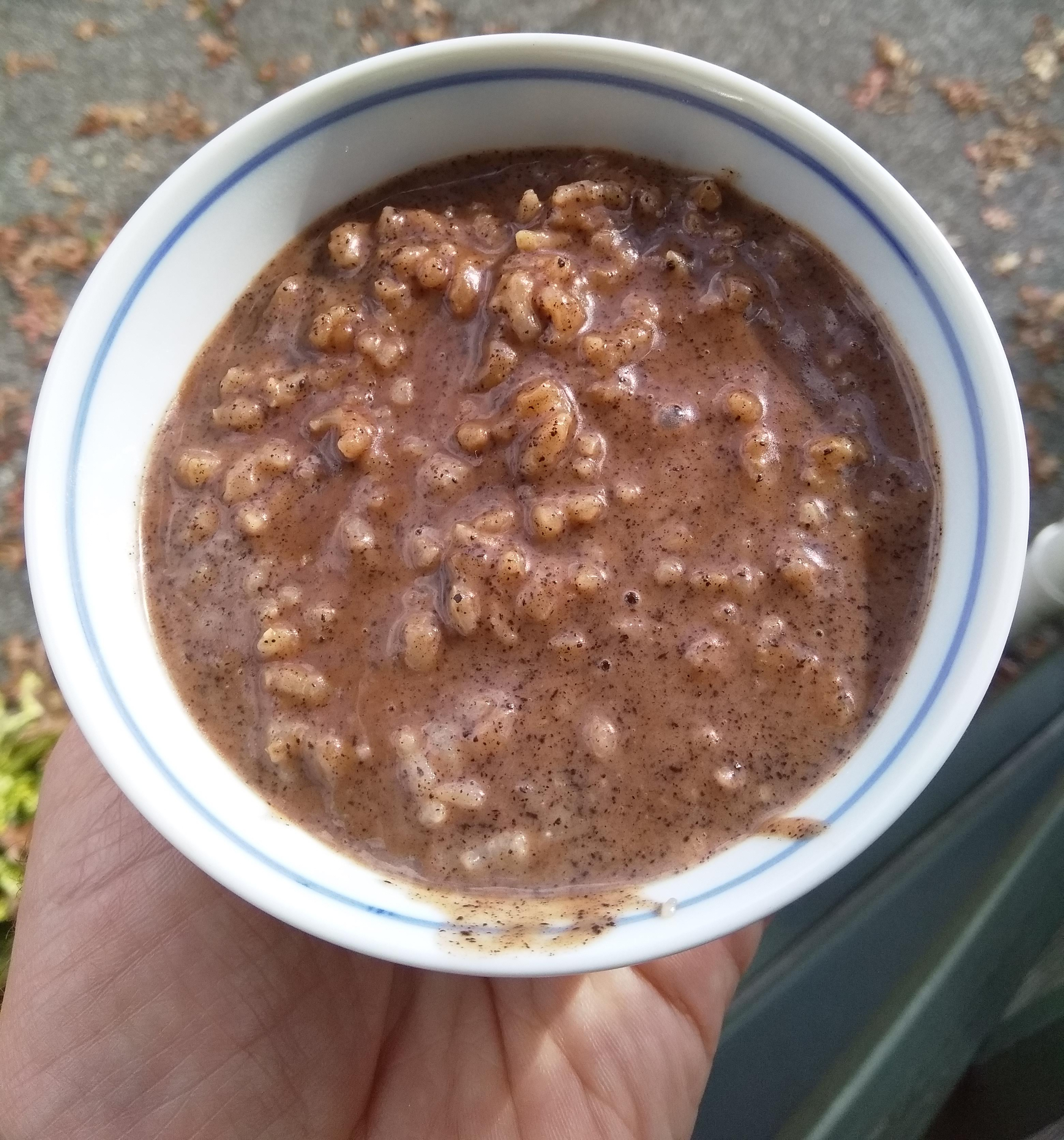 white bowl with a blue rim containing dark thick chocolate rice pudding