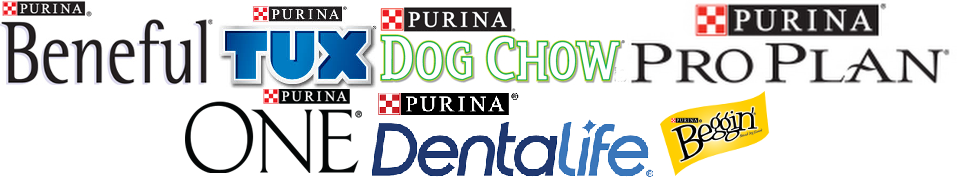 Logos of Beneful, Tux, Dog Chow, ProPlan, Purina One, Purina Dentalife and Beggin