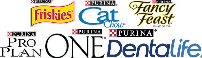 Logos of Friskies, Cat Chow, Fancy Feast, Purina Proplan, Purina One, Purina Dentalife