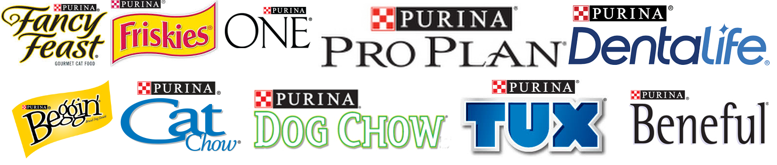 Logos of Fancy Feast, Friskies, Purian ProPlan, Purina DentaLife, Beggin, Cat Chow, Dog Chow, Tux and Beneful