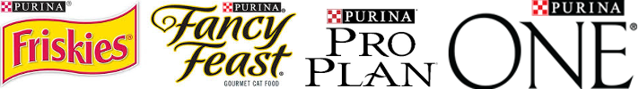 Logos of Friskies, Fancy Feast, ProPlan and Purina One