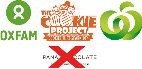 logos for Oxfam, The Cookie Project and Countdown, plus the Pana logo with a red X through it.
