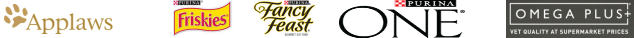 Applaws, Friskies, Fancy Feast, Purina One and Omega Plus logos