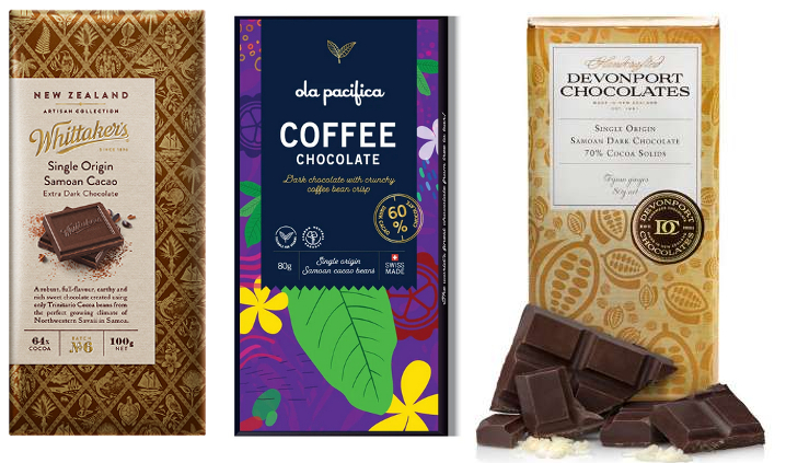 blocks of Whittakers single origin Samoan chocolate, ola pacifica coffee flavoured chocolate and Devonport Chocolate's dark Samoan chocolate