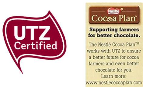 UTZ certfied logo and Nestle cocoa plan statement "The Nestle Cocoa Plan works with UTZ to ensure a better future for cocoa farmers and even better chocolate for you."