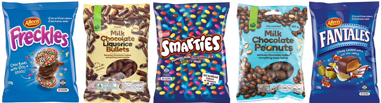 packets of Freckles, Fantales, Smarties and Countdown own brand chocolate sweets
